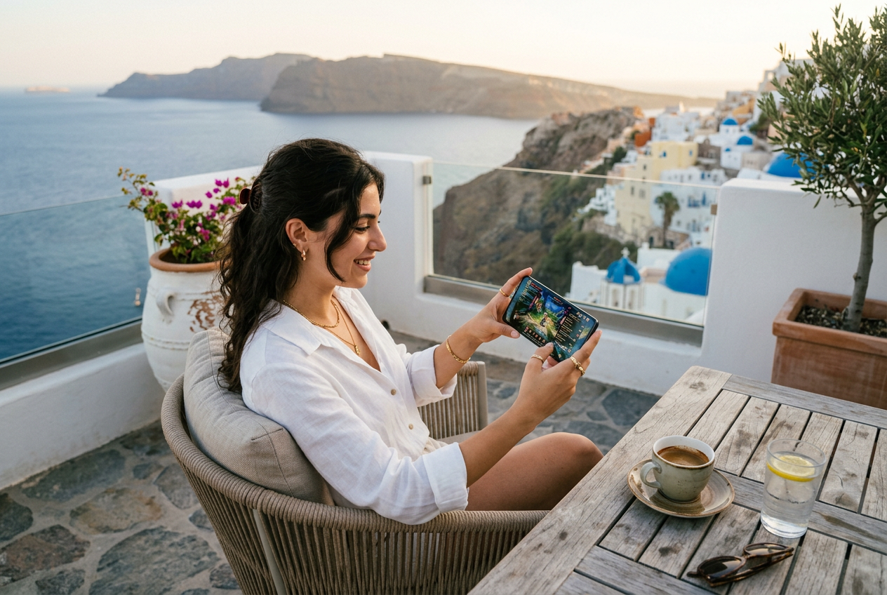 A person using a smartphone for online gaming in a modern setting
