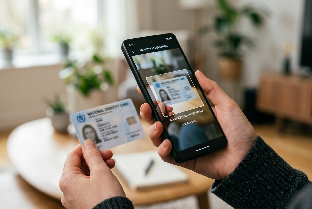 KYC identity verification concept with a smartphone and documents
